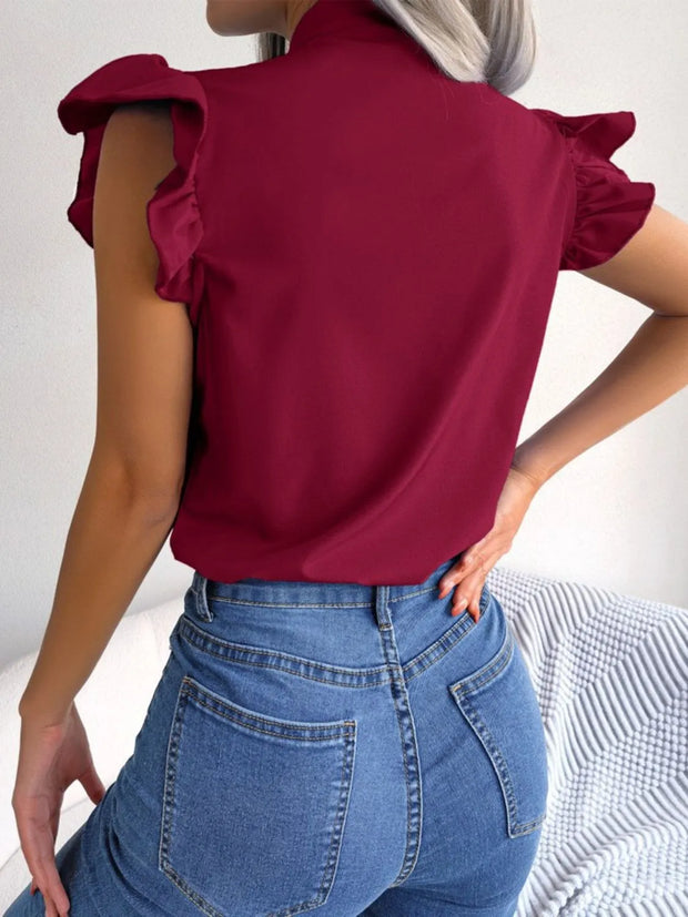 Ruffle Cap Sleeve Bow Tie Blouse www.nizzadesign.com