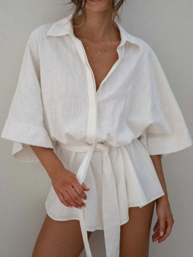 Collared Neck Half Sleeve Romper White www.nizzadesign.com