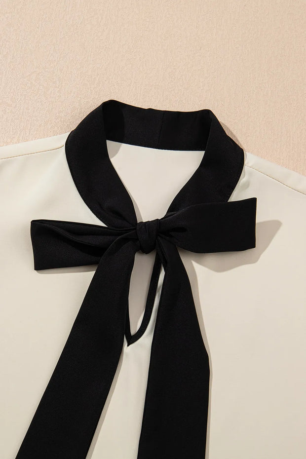 Bow Tie Contrast Short Sleeve Blouse www.nizzadesign.com