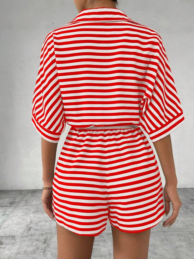 Tie Waist Half Button Striped Romper www.nizzadesign.com