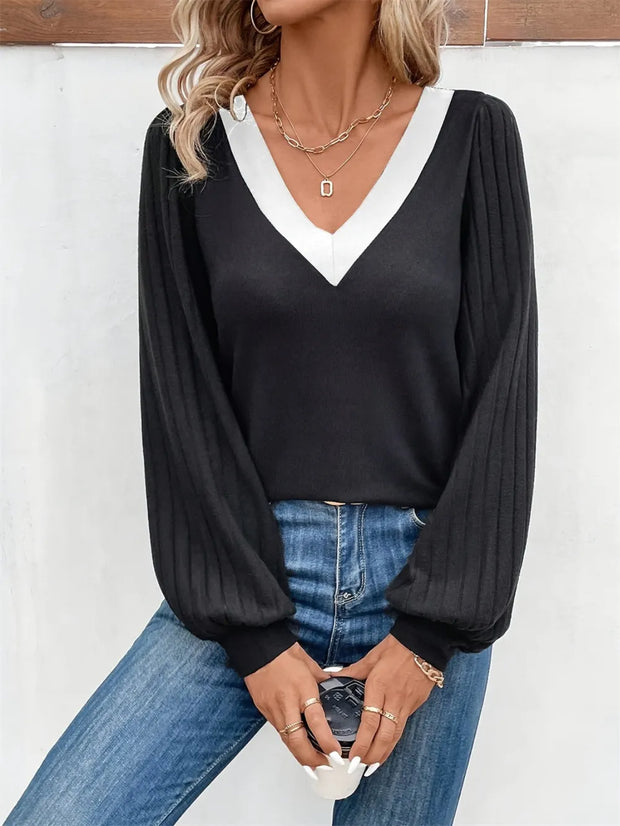 Contrast V-Neck Long Sleeve T-Shirt www.nizzadesign.com