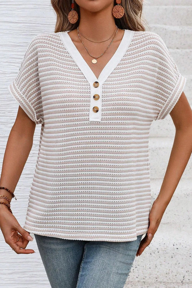 Stripe Buttoned Front V Neck T Shirt www.nizzadesign.com