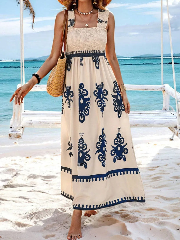 Smocked Printed Wide Strap Maxi Dress www.nizzadesign.com