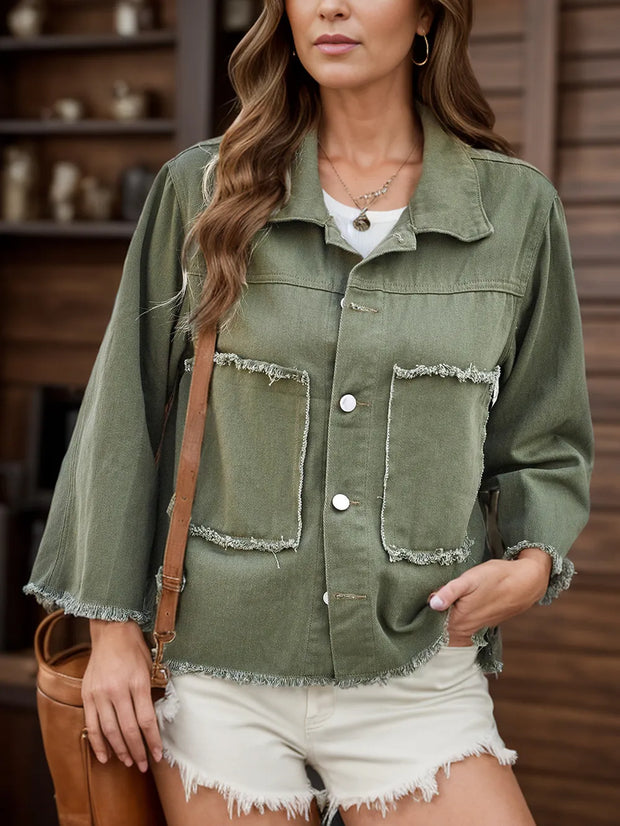 Raw Hem Button Up Denim Jacket www.nizzadesign.com
