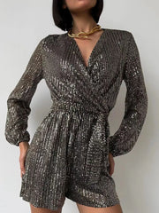 Full Size Sequin Surplice Tie Waist Long Sleeve Romper www.nizzadesign.com