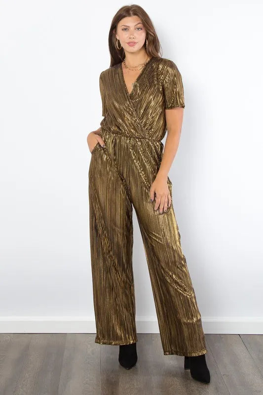 Be Stage Surplice Short Sleeve Pleated Foil Jumpsuit Gold www.nizzadesign.com