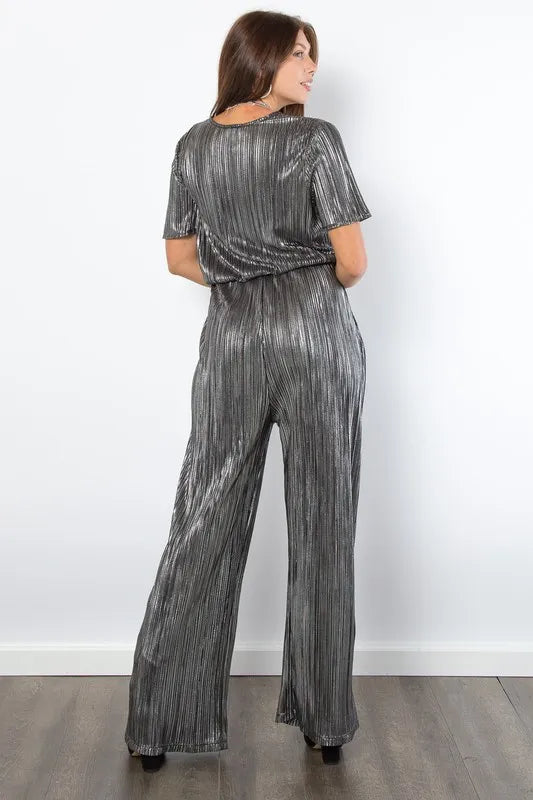 Be Stage Surplice Short Sleeve Pleated Foil Jumpsuit www.nizzadesign.com