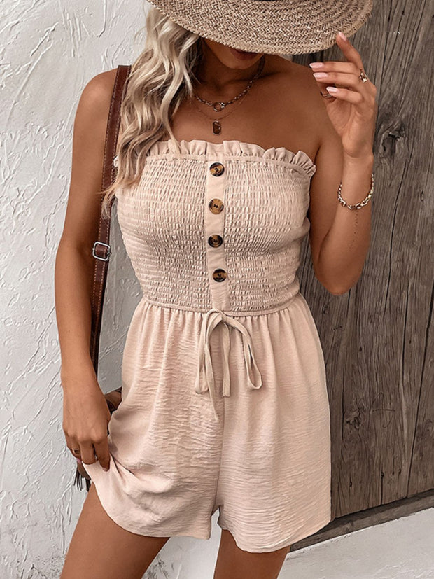 Perfee Decorative Button Smocked Strapless Romper www.nizzadesign.com