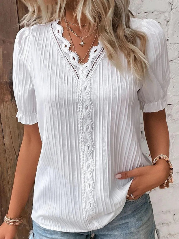 Full Size Lace Detail V-Neck Blouse Plus Size White www.nizzadesign.com