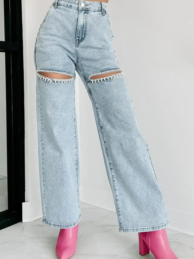 High Waist Cut-Out Wide Leg Jeans Light Blue www.nizzadesign.com