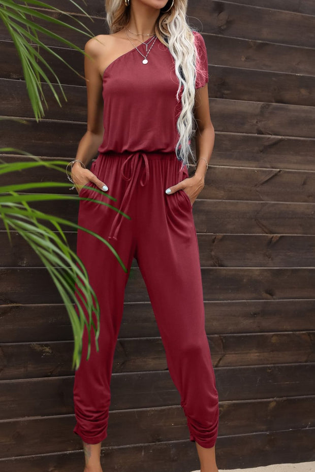 Drawstring Waist One-Shoulder Jumpsuit with Pockets Wine www.nizzadesign.com