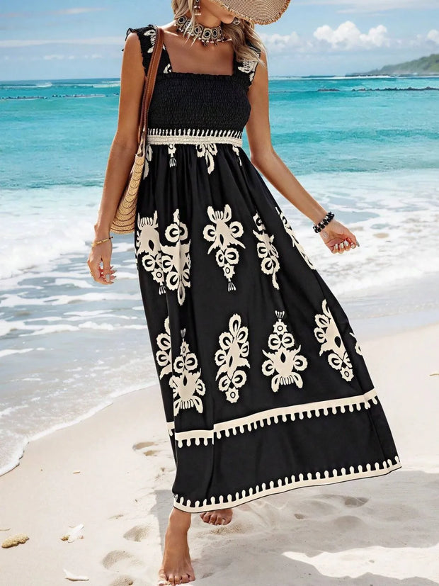 Smocked Printed Wide Strap Maxi Dress www.nizzadesign.com