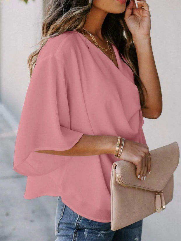 Full Size Ruched Three-Quarter Sleeve Blouse Plus Size www.nizzadesign.com