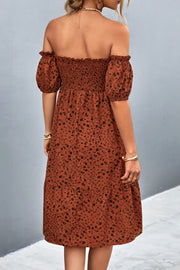Ditsy Floral Smocked Frill Trim Off-Shoulder Dress www.nizzadesign.com
