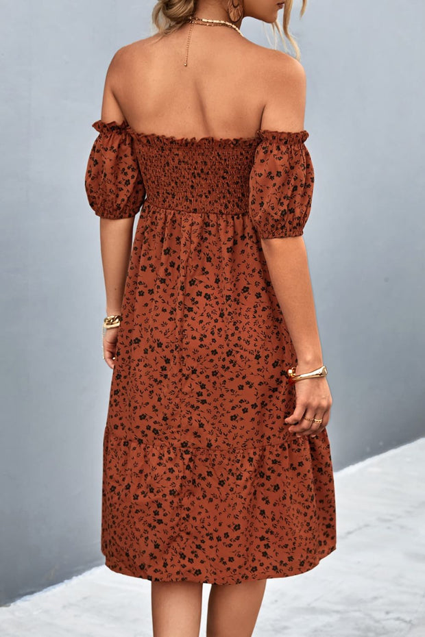Ditsy Floral Smocked Frill Trim Off-Shoulder Dress www.nizzadesign.com