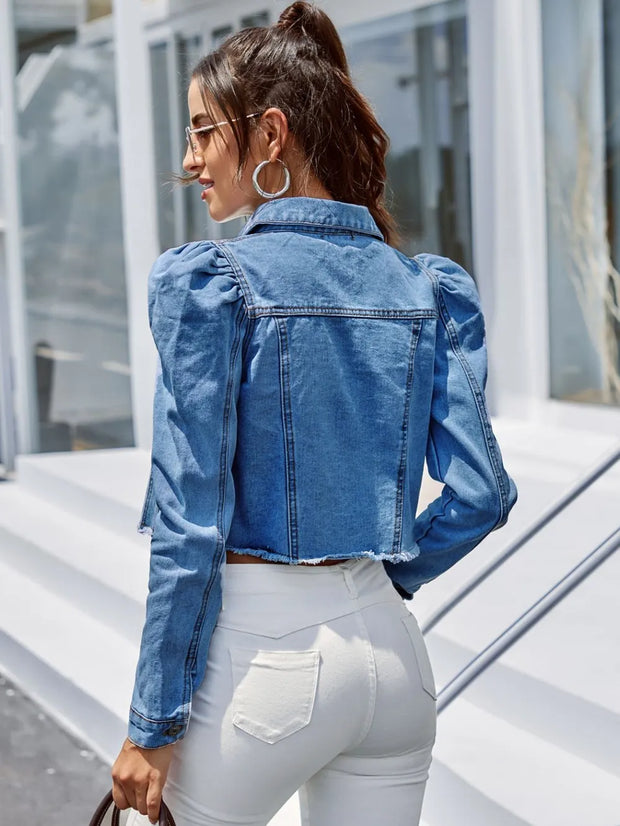 Button Down Raw Hem Cropped Denim Jacket www.nizzadesign.com