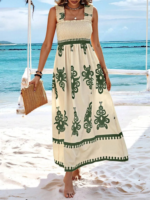 Smocked Printed Wide Strap Maxi Dress www.nizzadesign.com