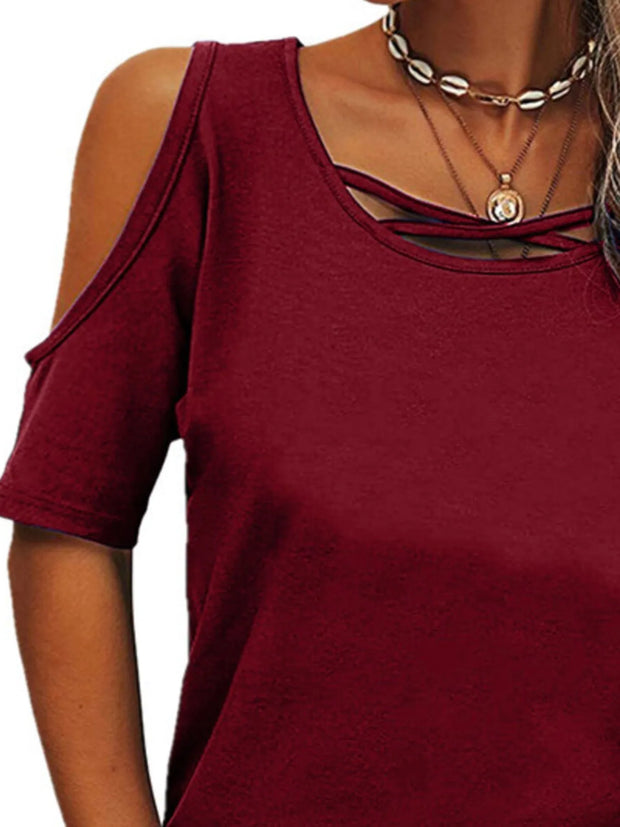 Full Size Crisscross Cold Shoulder Casual T-Shirt Plus Size www.nizzadesign.com