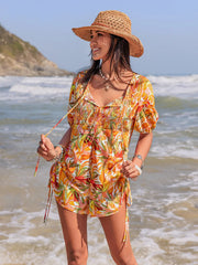 Smocked Printed Tie Neck Romper Tangerine www.nizzadesign.com