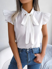 Ruffle Cap Sleeve Bow Tie Blouse White www.nizzadesign.com