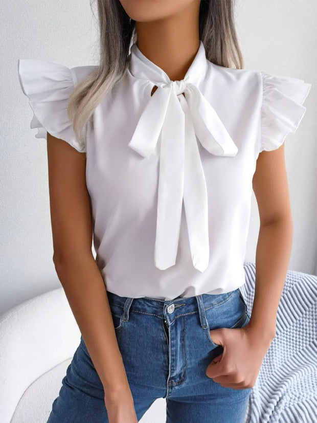 Ruffle Cap Sleeve Bow Tie Blouse White www.nizzadesign.com