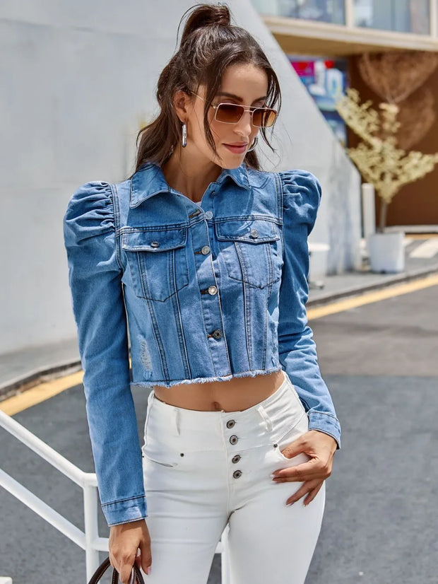 Button Down Raw Hem Cropped Denim Jacket Medium www.nizzadesign.com
