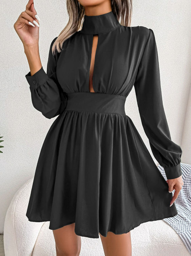 Cutout Turtleneck A-Line Mini Dress Black www.nizzadesign.com