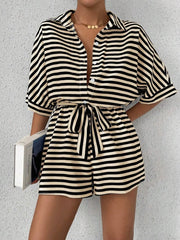 Tie Waist Half Button Striped Romper Tan www.nizzadesign.com