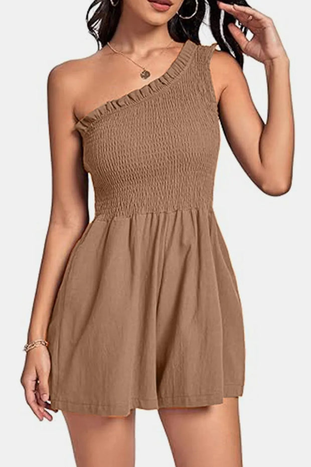 Smocked Single Shoulder Romper Caramel www.nizzadesign.com