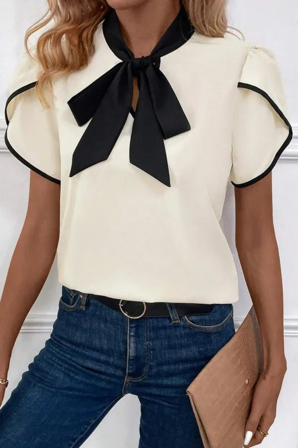 Bow Tie Contrast Short Sleeve Blouse Beige www.nizzadesign.com