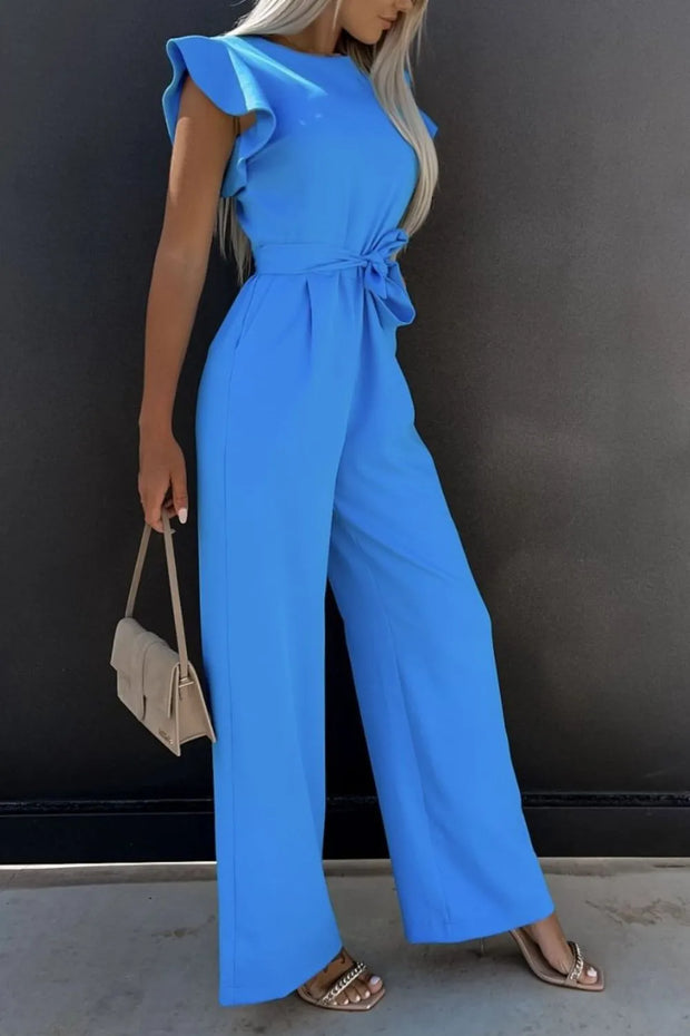Round Neck Cap Sleeve Jumpsuit Sky Blue www.nizzadesign.com