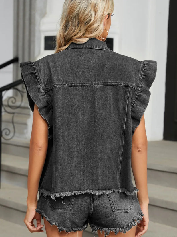 Raw Hem Cap Sleeve Denim Jacket www.nizzadesign.com