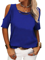 Full Size Crisscross Cold Shoulder Casual T-Shirt Plus Size Colored Blue www.nizzadesign.com