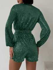 Full Size Sequin Surplice Tie Waist Long Sleeve Romper www.nizzadesign.com