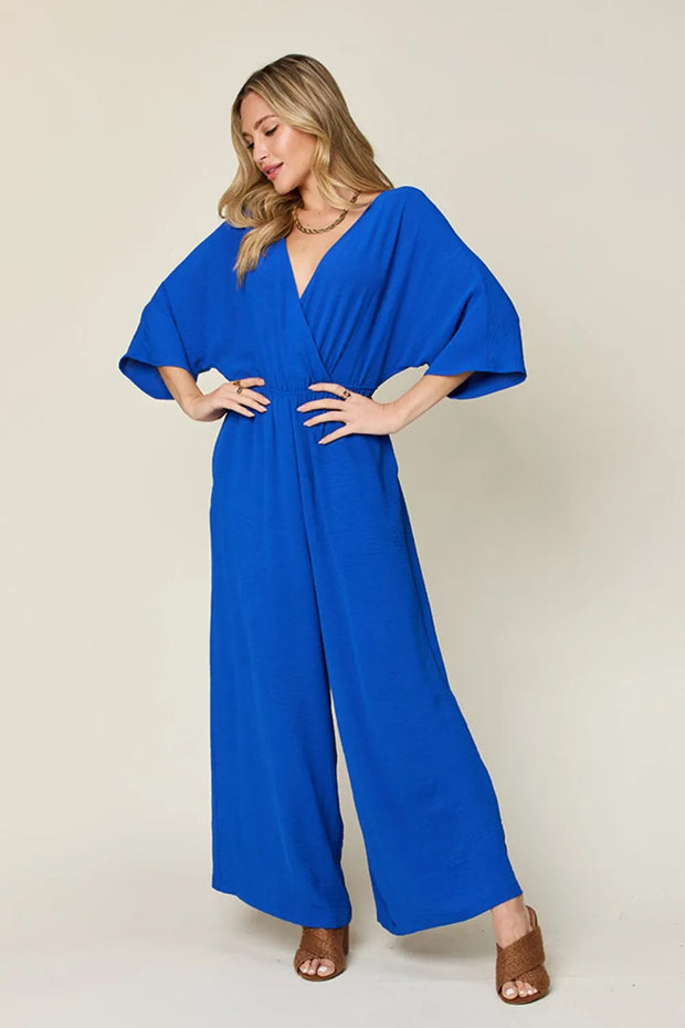 Double Take Full Size Surplice Wide Leg Jumpsuit with Pockets Royal Blue www.nizzadesign.com