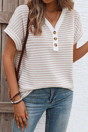 Stripe Buttoned Front V Neck T Shirt www.nizzadesign.com