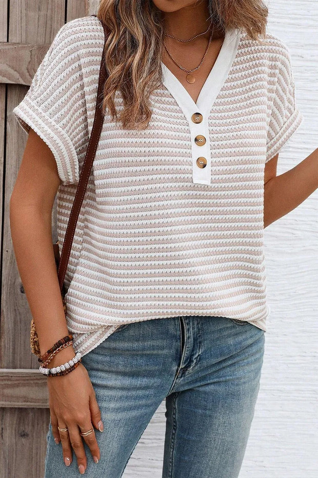 Stripe Buttoned Front V Neck T Shirt www.nizzadesign.com