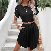 Perfee Round Neck Petal Sleeve Dress with Pockets www.nizzadesign.com