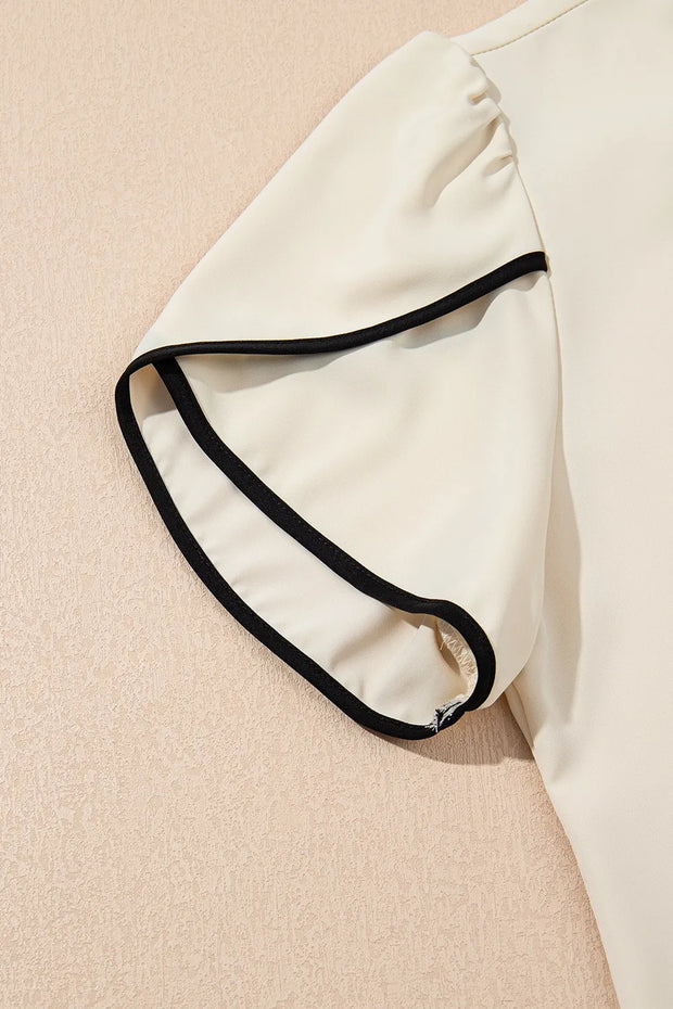 Bow Tie Contrast Short Sleeve Blouse www.nizzadesign.com