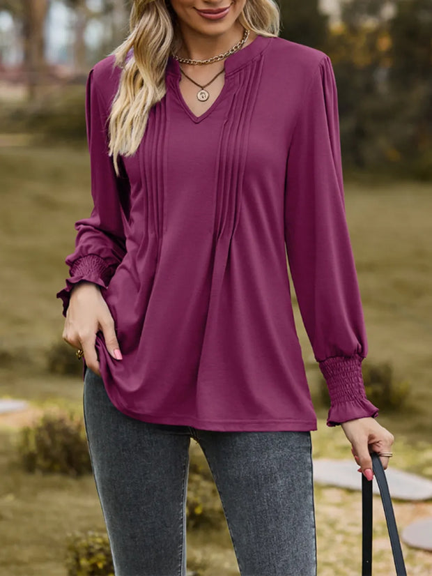 Ruched Notched Long Sleeve T-Shirt www.nizzadesign.com