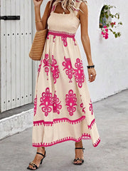 Smocked Printed Wide Strap Maxi Dress Pink www.nizzadesign.com