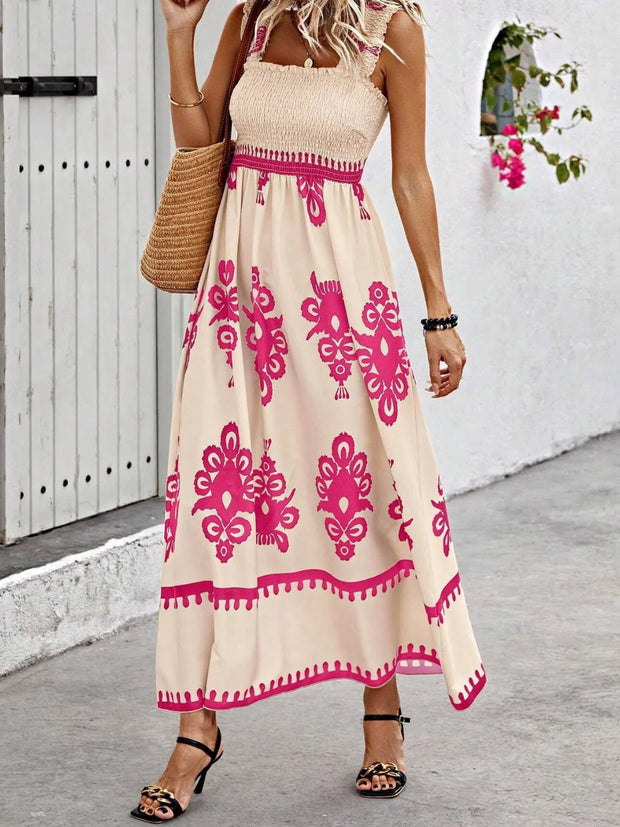 Smocked Printed Wide Strap Maxi Dress Pink www.nizzadesign.com