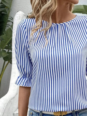 Striped Round Neck Half Sleeve Casual Blouse www.nizzadesign.com