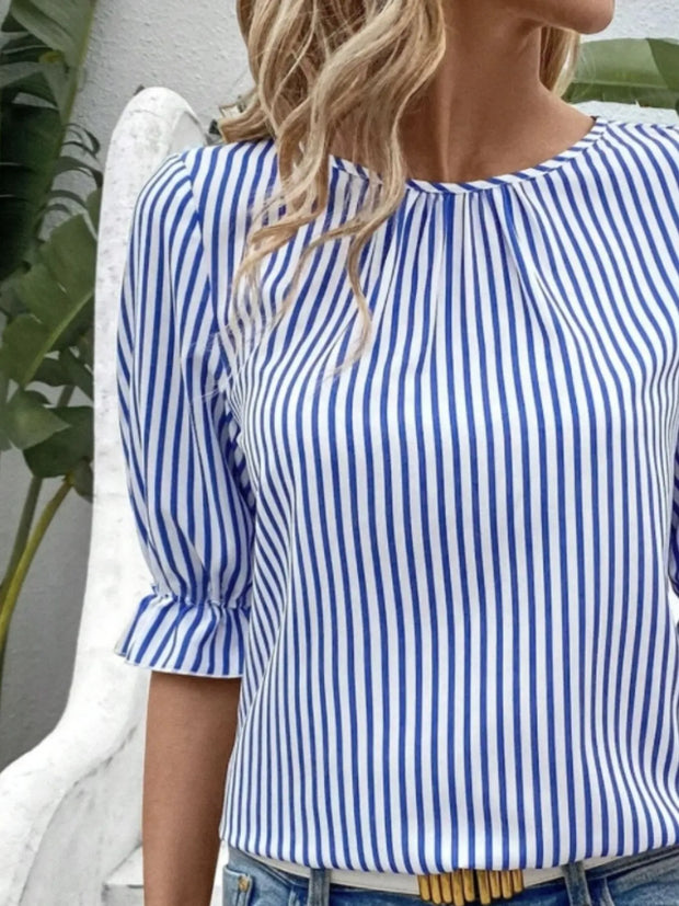 Striped Round Neck Half Sleeve Casual Blouse www.nizzadesign.com
