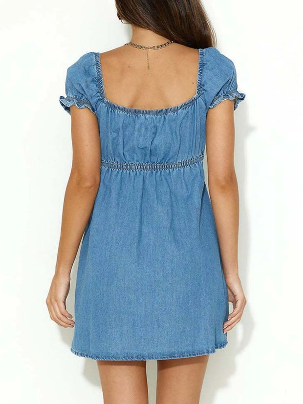 Tied Front Puff Sleeve Denim Dress www.nizzadesign.com