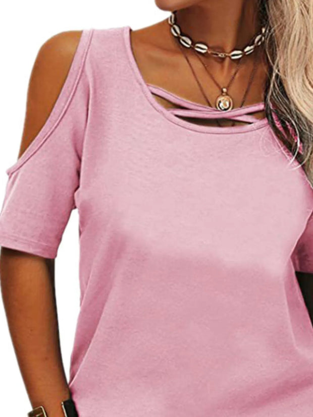 Full Size Crisscross Cold Shoulder Casual T-Shirt Plus Size www.nizzadesign.com