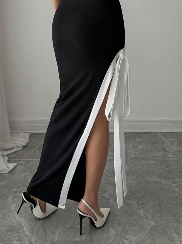 Slit Contrast Trim One-Shoulder Dress www.nizzadesign.com