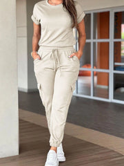 Devine Drawstring Waist Short Sleeve Jumpsuit Beige www.nizzadesign.com