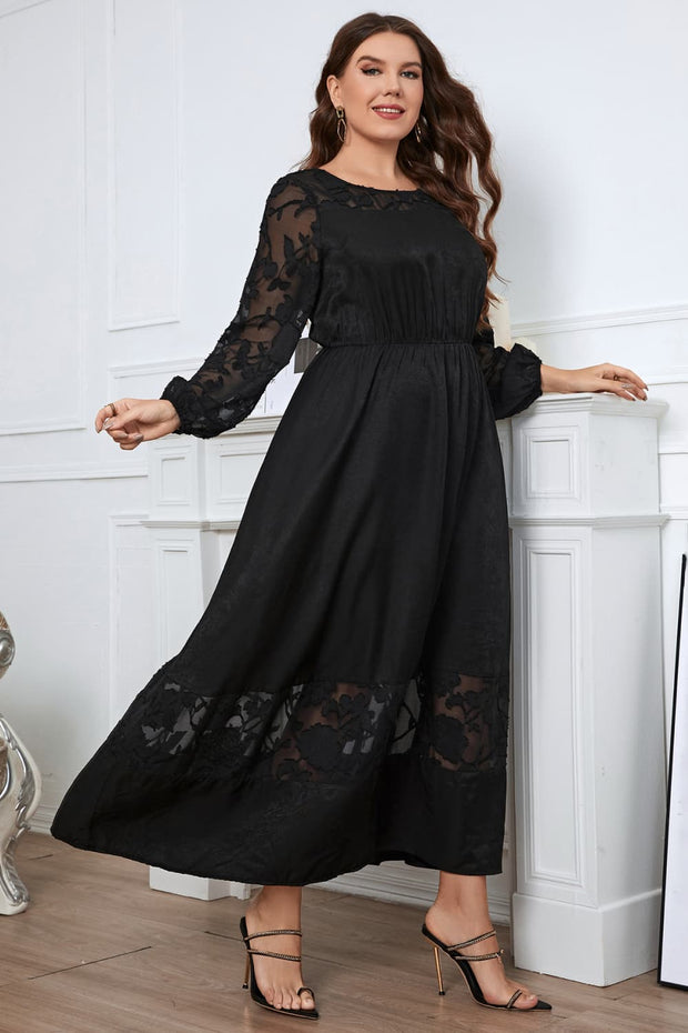 Honey Melo Apparel Plus Size Embroidery Round Neck Long Sleeve Maxi Dress www.nizzadesign.com
