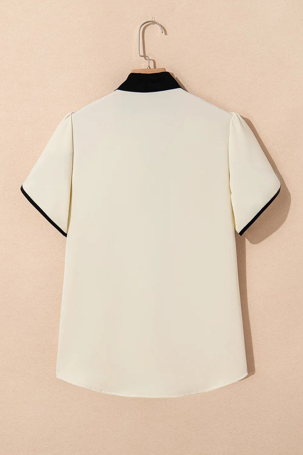 Bow Tie Contrast Short Sleeve Blouse www.nizzadesign.com